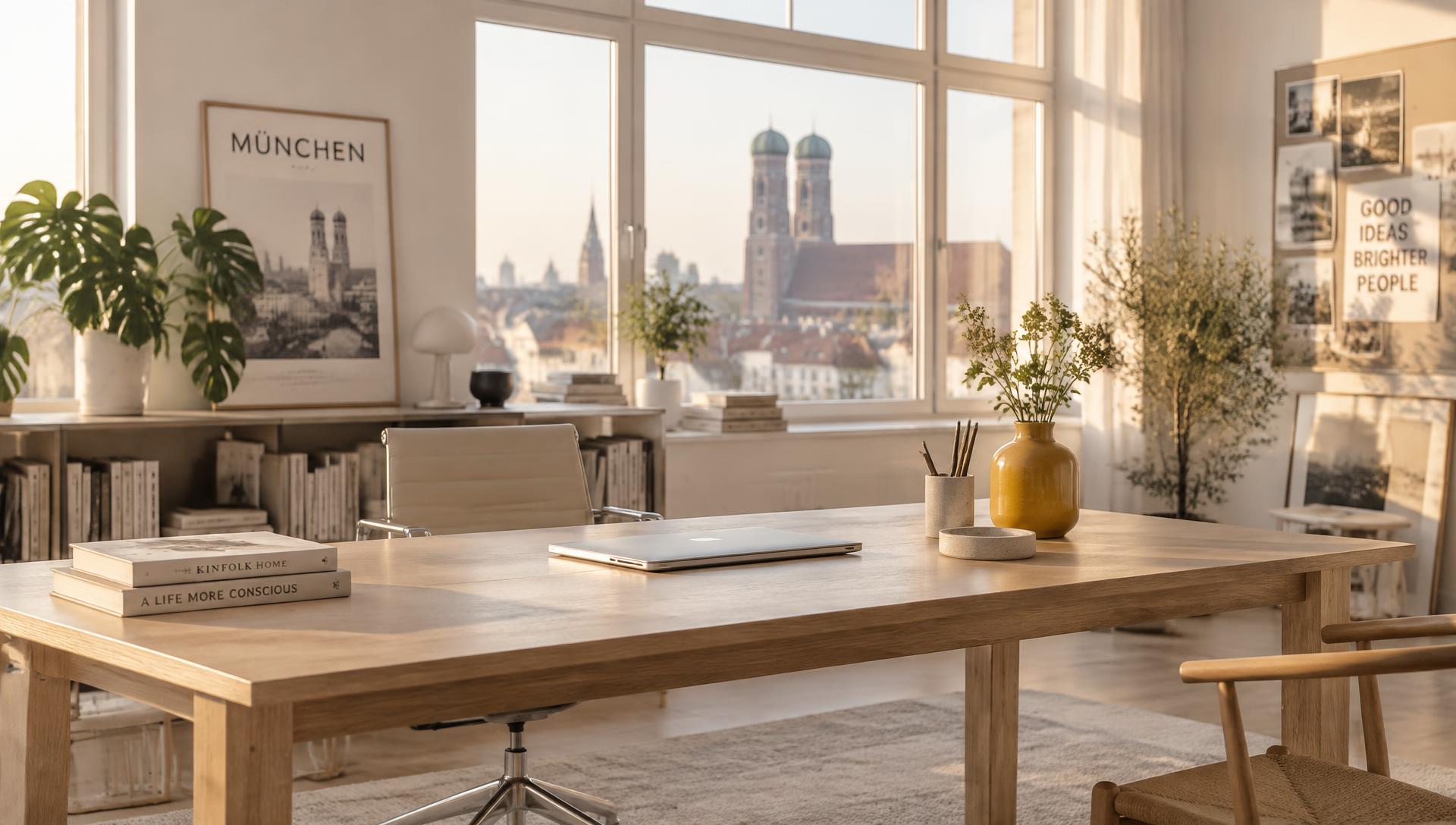 Helles Kreativstudio mit Laptop auf dem Schreibtisch